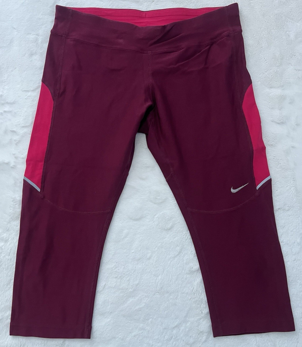 Nike Dri-FIT Womens Capri Leggings Medium Burgundy Pink Running Athletic